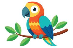 Cheerful Cartoon Parrot Perched on Branch with Leaves on White Background vector