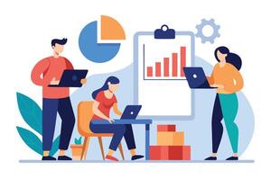 Smiling Team Collaboration with Data Charts, Laptop, Clipboard on White Background vector
