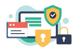 Security Elements Composition with Tablet, Window, Shields and Padlock Icon vector