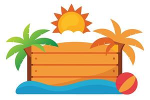 Beach Summer with Wooden Board, Palm Trees, Sun, Wave and Beach Ball vector