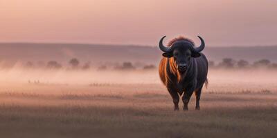 A buffalo standing in a field with fog in the background photo