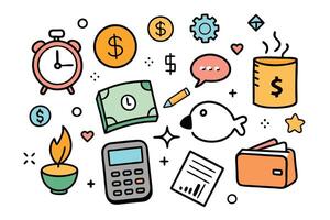 Flat Lay of Cartoon Finance Icons with Dollar Coins, Clock, Calculator on White vector