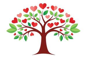 Heart Tree with Red Hearts, Green Leaves and Brown Branches on White Background vector