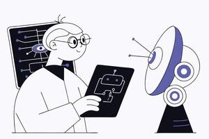 Man in Lab Coat Holds Tablet with Robot Design and Satellite Dish vector