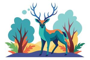 Stylized Deer in Nature, Colorful with Trees on White Background vector