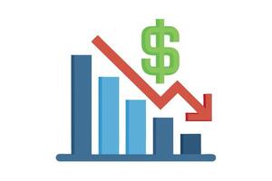Decreasing Bar Chart with Red Arrow, Green Dollar Sign on White Background Finance Icon vector