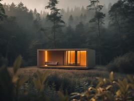 Modern cabin glowing in the woods during a. photo
