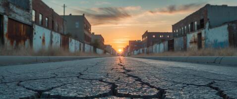 A long empty street with a sunset in the background photo