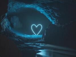 A heart shaped neon sign in a cave photo
