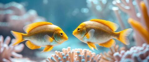 Two yellow fish are looking at each other in the ocean photo