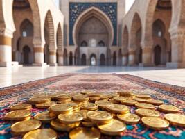 Gold coins on a carpet in an islamic mosque photo