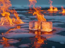 Ice cubes in the water with flames photo