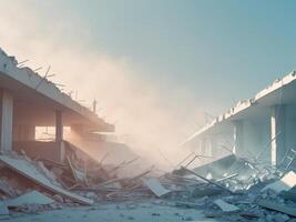 A large building with rubble and debris in front of it photo