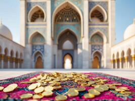 Gold coins and rug with mosque background photo