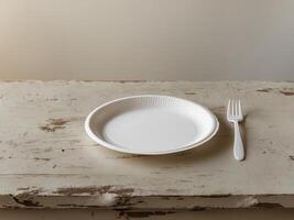 Empty white paper plate and a plastic fork placed on a rustic wooden table during a casual dining setting photo
