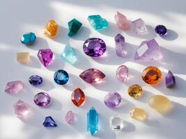 Display Colorful Gemstones and Crystals on a Bright Background for Visual Appeal photo