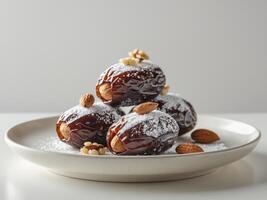 A plate with dates, nuts and powdered sugar photo