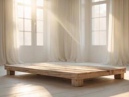 A wooden table in front of a window photo