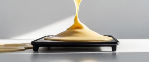 A melted chocolate being poured onto a tray photo
