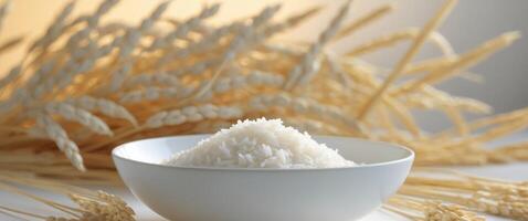 Rice in a bowl on a table with wheat stalks photo