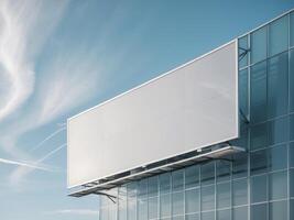 An empty billboard on a building against a blue sky photo