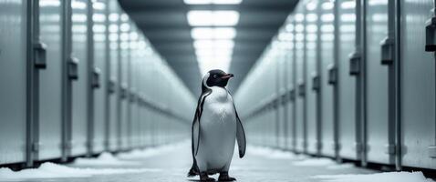 A penguin standing in a large room with many rows of servers photo