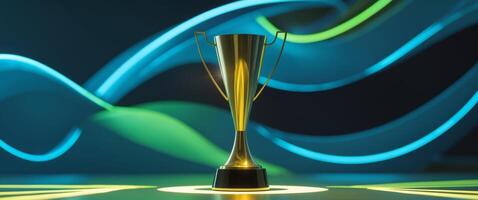 A golden trophy on a table with a bright background photo