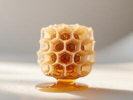 Examining Golden Honeycomb Structure with Liquid Honey for Culinary Uses photo