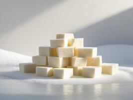Fresh white cheese cubes stacked together on a clean surface ready for culinary use in various dishes photo