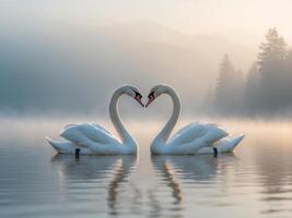 Two Swans Forming Heart Shape at Sunrise Over Misty Lake photo