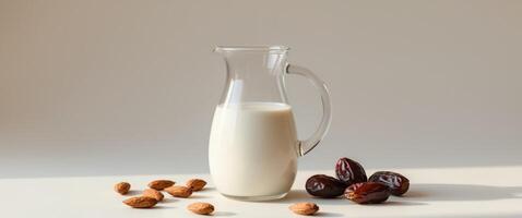 Almond milk in a jug and dates on a table photo