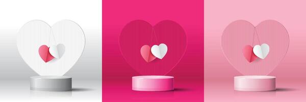 Set of 3D Stage showcase valentine day background white, magenta, pink cylinder podium with heart shape background. geometric platform. Abstract mockup product display. Minimal scene. vector