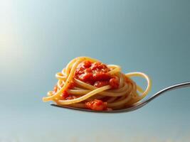 Spaghetti Twirled on Fork with Tomato Sauce on a Light Blue Background. photo