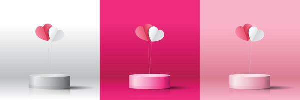 Set of 3D white, magenta, pink cylinder podium stage showcase background with floating heart shape. geometric platform. Abstract mockup product display. Minimal scene. Stage showcase. vector