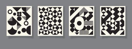 Retro set of four black and white geometric pattern minimal posters with 20s geometric design. Trendy pattern background for cover design. vector