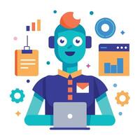 Cartoon Programmer on Laptop with Graph Icon and Gears Flat Design Style vector