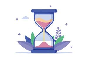 Stylized Hourglass with Colorful Sand and Botanical Elements on White Background vector