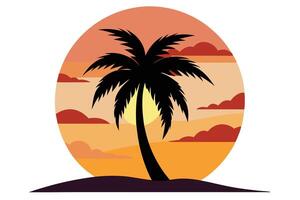 Silhouette of Palm Tree Against Sunset Sky with Clouds in Flat Design vector