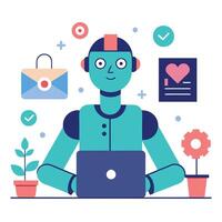 Flat Robot Working On Laptop In Lotus Position On White Background vector