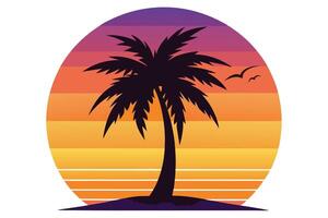Retro Sunset Palm Tree Silhouette with Flying Birds and Vivid Color Gradients vector