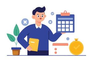 Cartoon Man with Notepad, Calendar, Clock, and Plant on White Backdrop vector