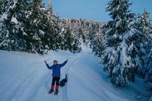 Man in snowshoes is standing, holding drone controller. In the majestic forest of Carpathian mountains photo