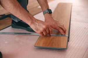 Close ,up view. Man is installing new laminated wooden floor photo