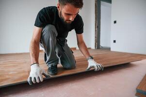 Hand work. Man, is installing new laminated wooden floor photo