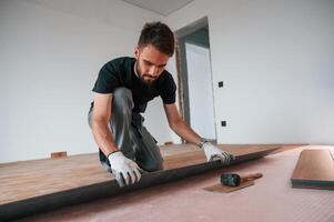 Hand work.. Man is installing new laminated wooden floor photo