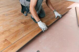Hand work. Man is installing new laminated wooden floor photo