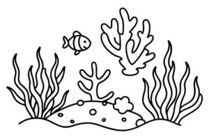 Fish, Coral, and Seaweed Doodle Sketch on Sand in Simple Line Art Design vector
