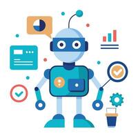 Cute Flat Design Robot with Stats, Gear, Check Marks and Speech Bubble on White vector