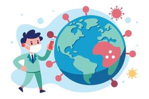 Man with Mask Beside Earth Globe with Virus in Flat Style vector