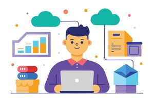 Cartoon Man with Laptop, Cloud Connectivity, Chart, Email, and Data on White vector